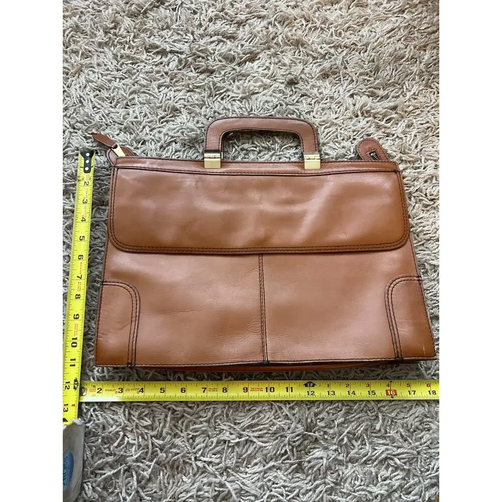 Vintage Tan Leather YKK Zip Front Flap Pocket Briefcase Document Laptop Bag